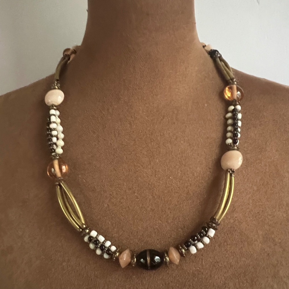 Vintage Mixed Bead Brass Tone Strand Necklace 23-26 Inch Adjustable Eclectic